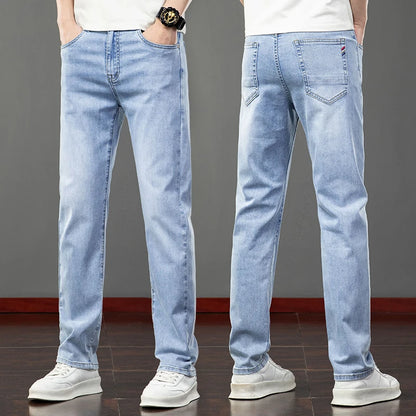 Spring Summer Thin Slim Fit Jeans Mens Elastic Straight Casual Business Denim Pants Washed Classic Brand Clothing Men Trousers.