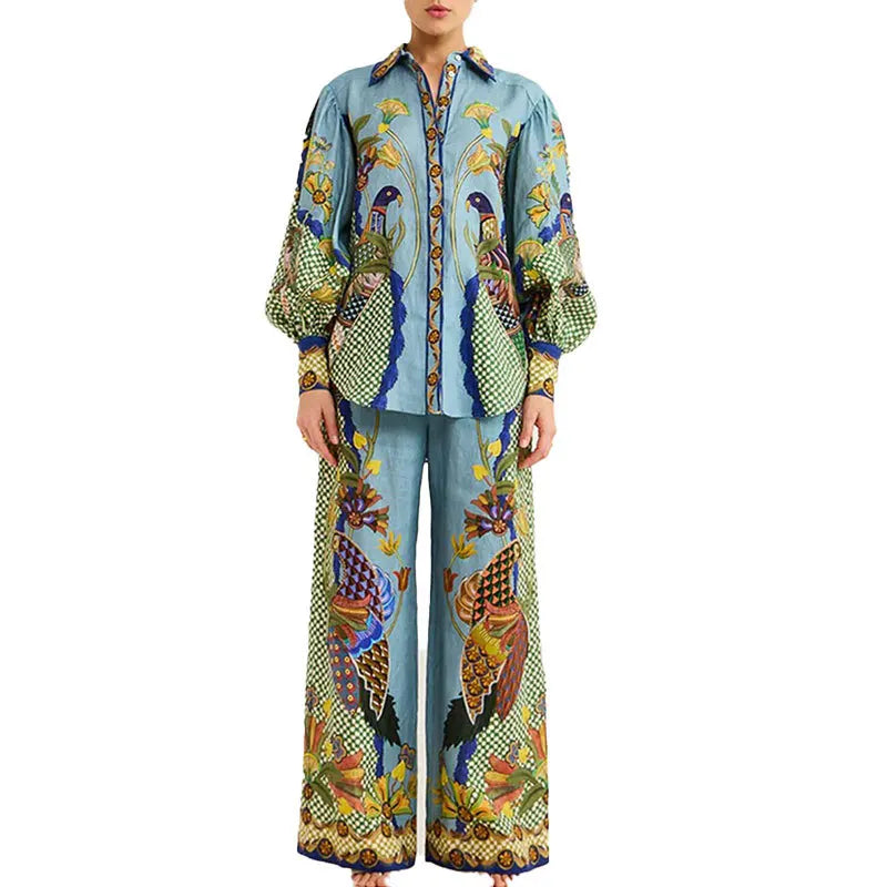 Autumn Women Bohemian Print Lapel Button LongSleeve Shirt+Loose Wide Legs Trousers Set Conjunto Dos Piezas Mujer Elegante Casual.