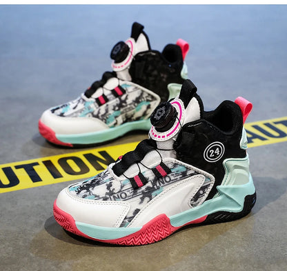 Children's Autumn New Rotary Buckle Mesh Breathable Basketball Shoes Boys Fashion Trend Sneaker Anti Slip Running Footwear 31-40.