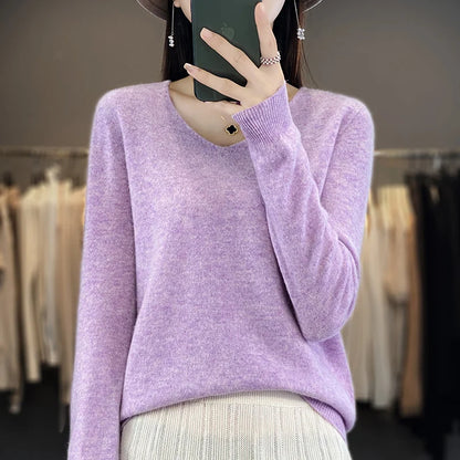 Women 100% Merino Wool Sweater V-Neck Basic Pullover Autumn Winter Cashmere Clothing Long Sleeve Soft Knitwear Tops Solid Color