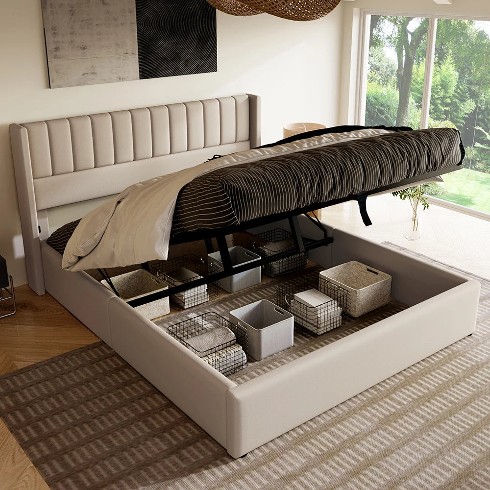 KOMHTOM Hydraulisches Doppelbett 180x200cm mit Polster, Lattenrost aus Holz, Metallrahmen, Leinen, Beige