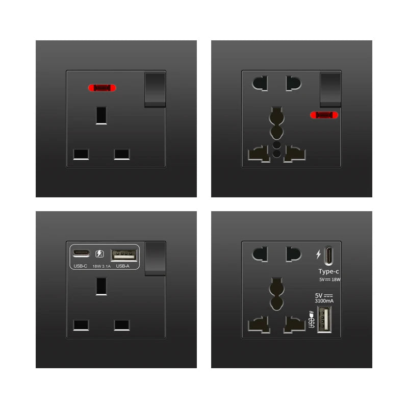 Schwarze UK 13A Wandsteckdose mit USB Typ C 18W Schnelllade-Steckdose, Wandsteckdose mit USB-Ladegerät, Schalter mit Steckdose.