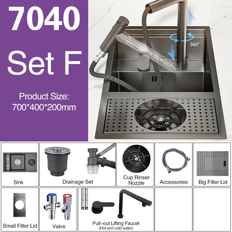 ASRAS Nano Black Small Size Kitchen Sink Cup Washer Hidden Bar Counter Cover Concealed Single Bowl Sinks With Lifting Faucet