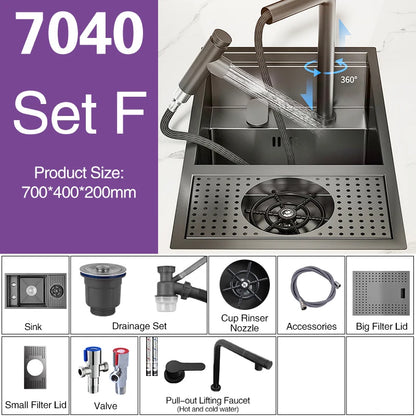 ASRAS Nano Black Small Size Kitchen Sink Cup Washer Hidden Bar Counter Cover Concealed Single Bowl Sinks With Lifting Faucet