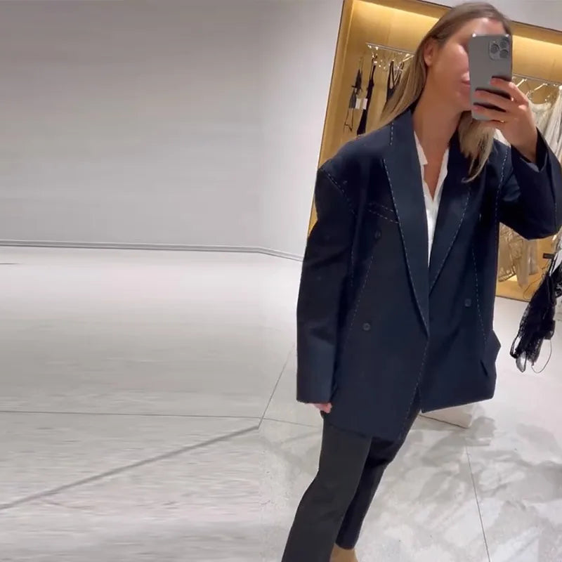 Fashion Line Suit Jackets Pants Sets Women Loose Lapel Double Breasted Blazer Pleated Wide Leg Pant 2025 Autumn Lady Office Suit.