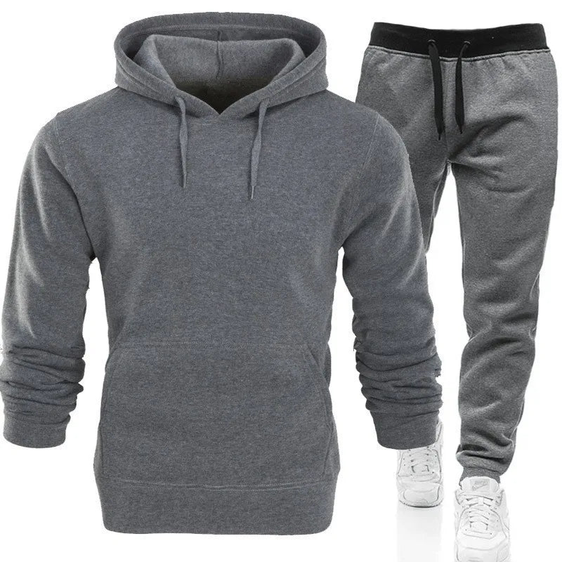 Men's Hooded Solid Color Pullover Set Two-Piece Sweater Sport Pants.