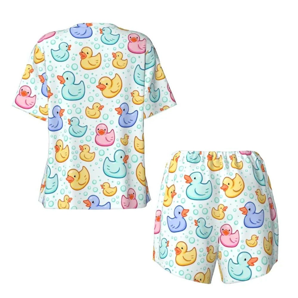 Benutzerdefinierte Frauen Gelb Klassische Gummi Ente Pyjamas Set Gedruckt Zwei-stück Pj Sets Kurzarm Nachtwäsche Loungewear