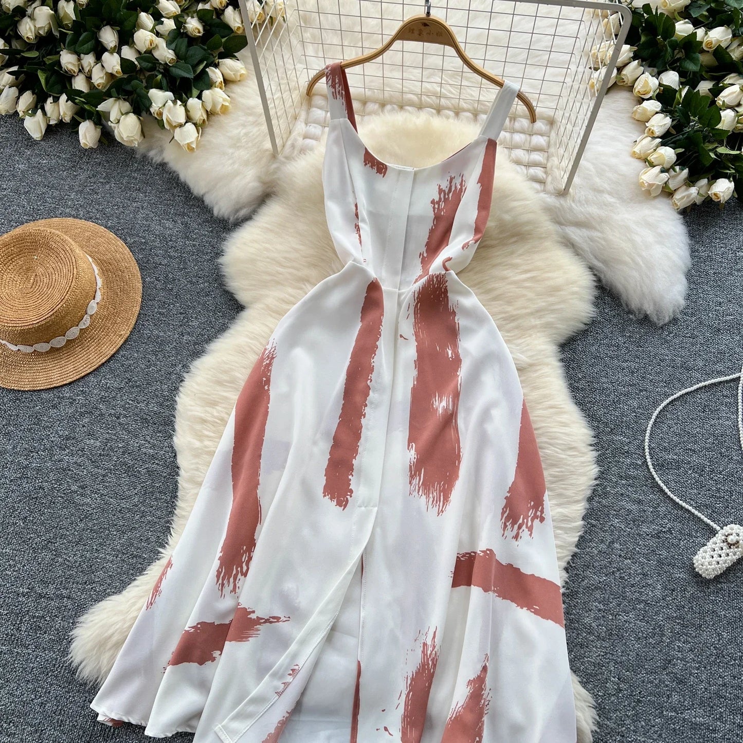 Neue Sommer Druck Süße Kleid Träger O Neck Backless Split Elegante Damen Urlaub Strand Party Midi Sommerkleid