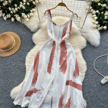 Neue Sommer Druck Süße Kleid Träger O Neck Backless Split Elegante Damen Urlaub Strand Party Midi Sommerkleid