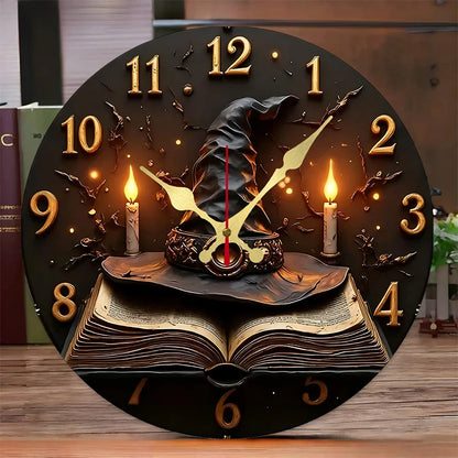 Wizard Hat & Books Runde, geräuschlose Wanduhr aus Holz zum Aufhängen, geeignet für Wohnzimmer, Büro, Arbeitszimmer, Schlafzimmer, Heimdekoration