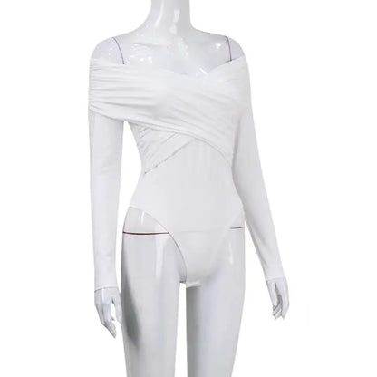 Sexy Off Shoulder Bodysuits Women Fashion Black Crossed Folds Skinny Rompers Long Sleeve Fashion Streetwear Autumn Bodysuits New