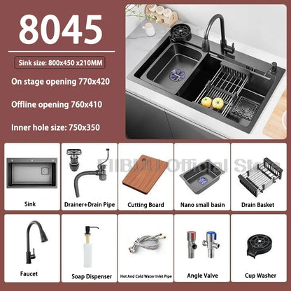 Küchenspüle, verdickter Edelstahl 304, doppelspurig, abgestuft, multifunktional, großer Einzelschlitz, Wasch-/Schnitt-/Abfluss in einem kompletten Satz