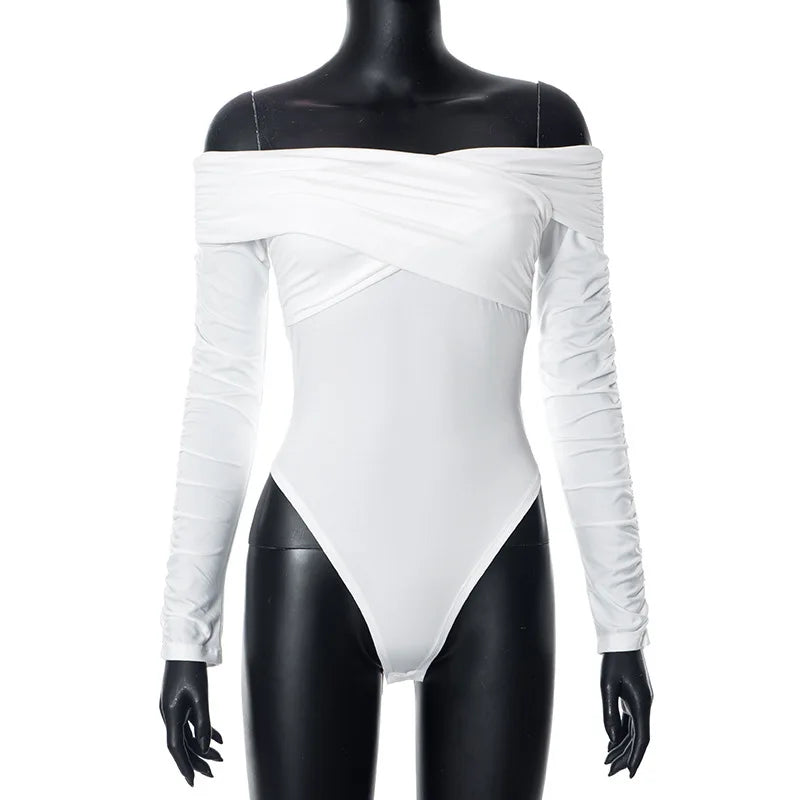 Cryptographic Fashion Ruched Sexy Backless Wrap Bodysuit Elegant Off Shoulder Slim Long Sleeve White Tops One Piece Skinny Fall.