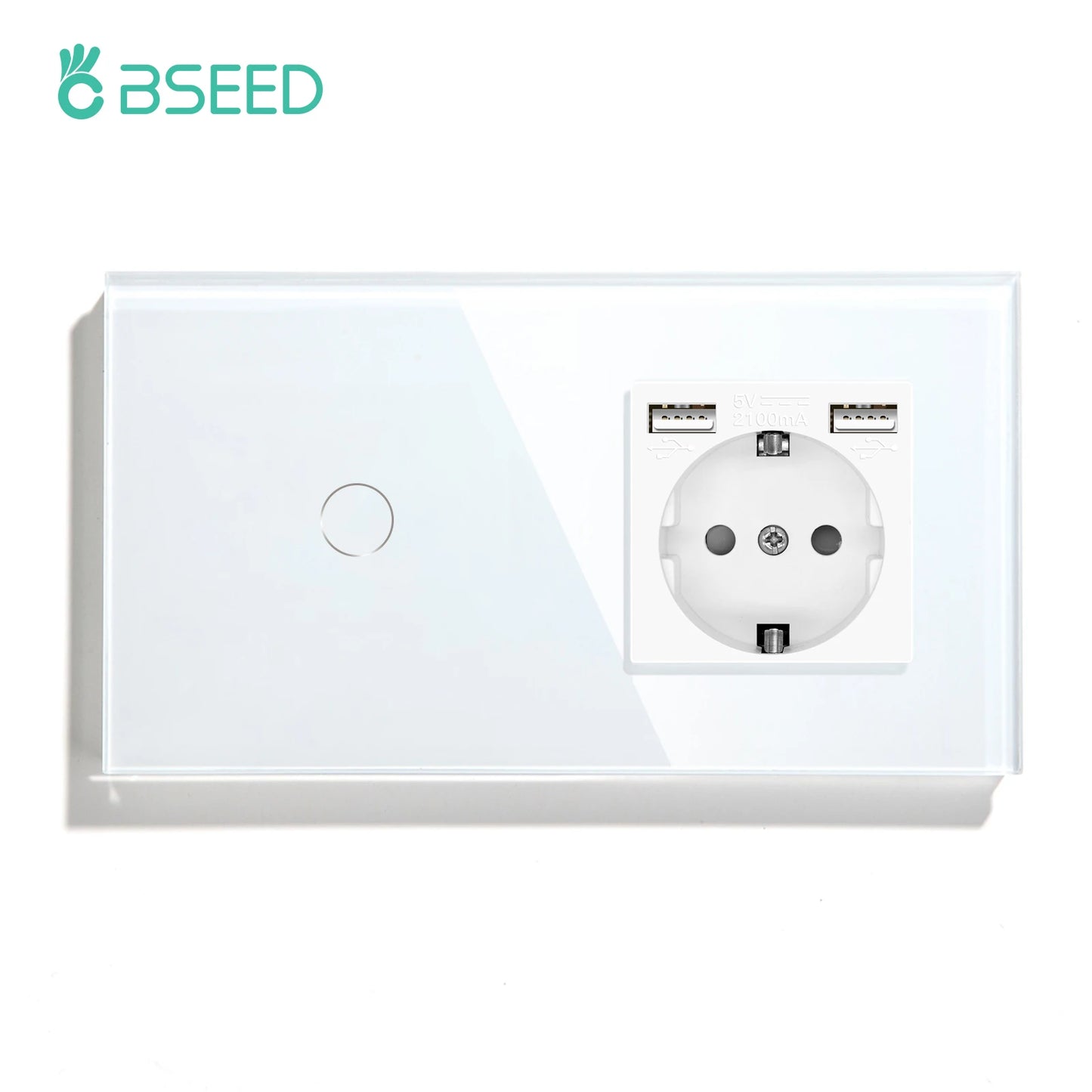 BSEED Touch-Lichtschalter, EU-Standard-Wandsteckdose mit USB Typ-C-Kristallglasscheibe, weiße Farbe, Netzstecker, 1/2/3 Gang-Schalter.
