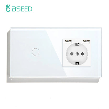 BSEED Touch-Lichtschalter, EU-Standard-Wandsteckdose mit USB Typ-C-Kristallglasscheibe, weiße Farbe, Netzstecker, 1/2/3 Gang-Schalter.