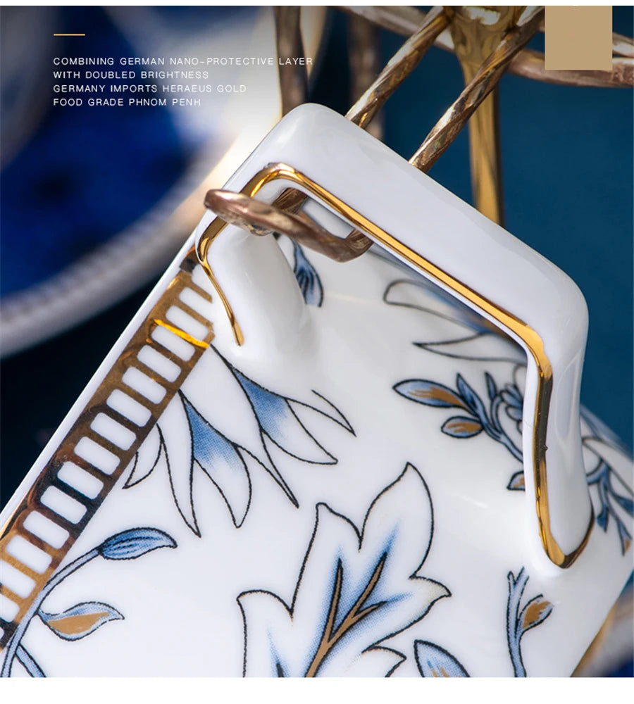 Elegant Cup and Saucer Set Bone China Sugar Jar Milk Jug Coffee Pot Set Cyan Magnolia Home English Mug Teaset Dessert Plate.