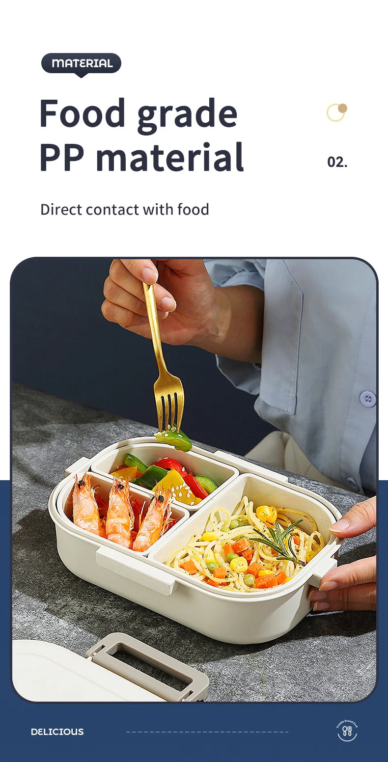 WORTHBUY Portable Plastic Bento Lunch Box With 3 Removable Compartment Leak-proof Microwave Salad Food Container For Kids School.