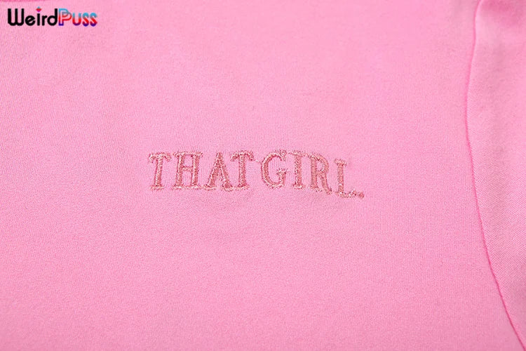 Weird Puss Casual Sporty 2 Piece Set Women Letter Embroidery Crop Tops+Side Tassel Straight Pants Matching Streetwear Tracksuits