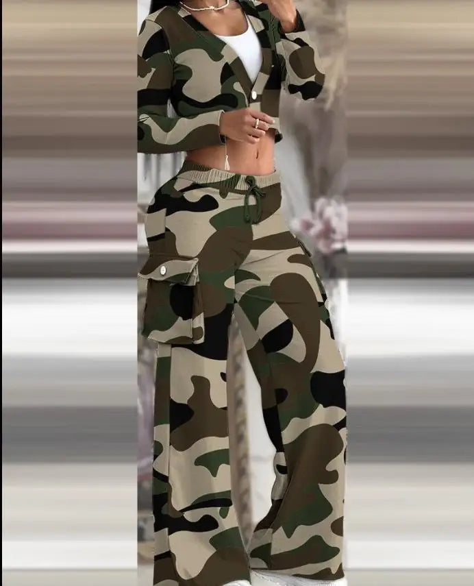 Autumn Fashionable And Elegant Solid Color Women's Suit Long-sleeved V-neck Short Coat Pocket Wide-leg Drawstring Trousers Suit