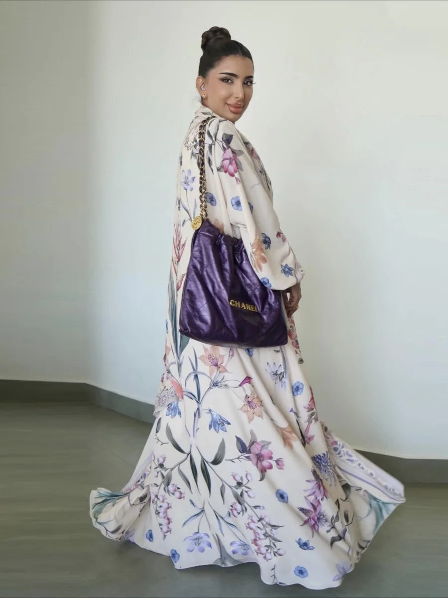 Eid Frauen Abaya Blume Drucken Offene Strickjacke Schal Party Kleid Muslimischen Langarm Jalabiya Ramadan Abayas Kaftan Arabischen Lange Robe.