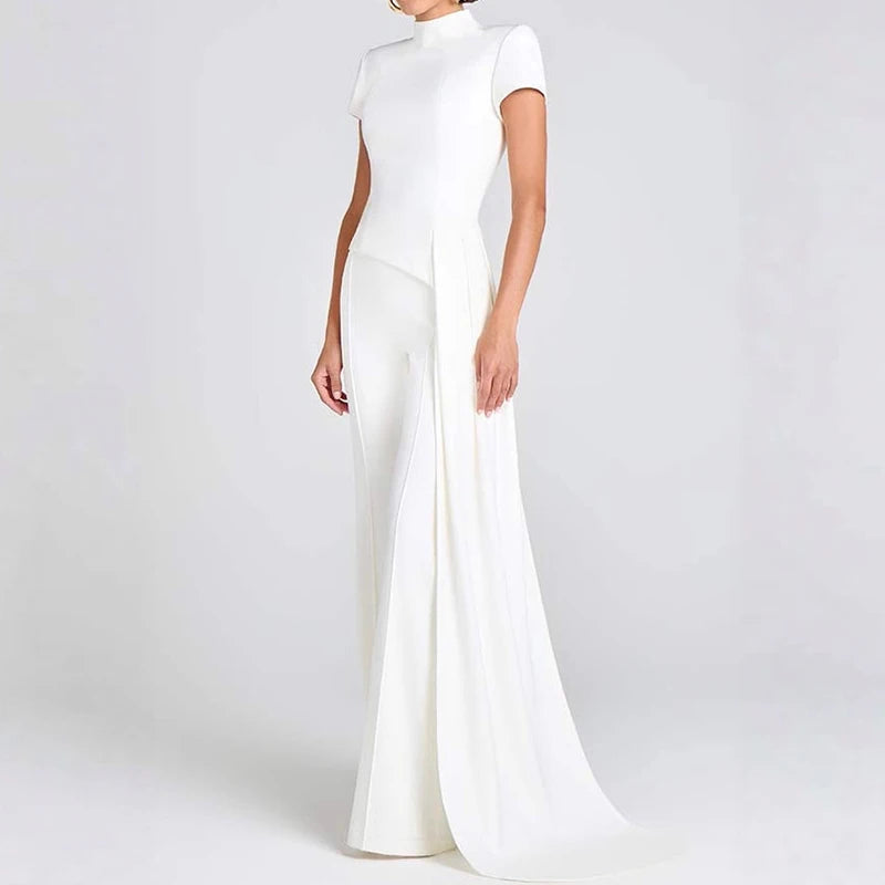 Simple Solid High Waist Straight Suit Office Elegant Party Outfit Women's Stand Collar Short Sleeved Top and Pants Two Piece Set.