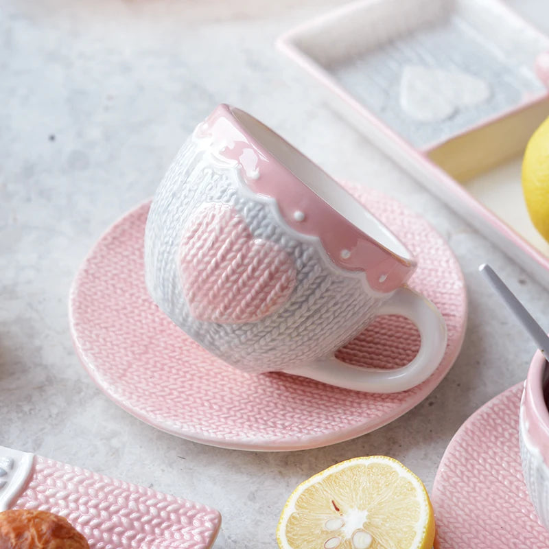 250ml Ceramic Tea Cup And Saucer Set Kawaii Bowknot Coffee Cup Dish Pink Wool Knitting Mug Microwave Safe.