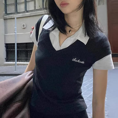 Women's Short Sleeve T-Shirt, Slim, Turn-Down Collar, Preppy Style, Patchwork, Casual, Summer Fashion, Fake 2 Piece, 2024.