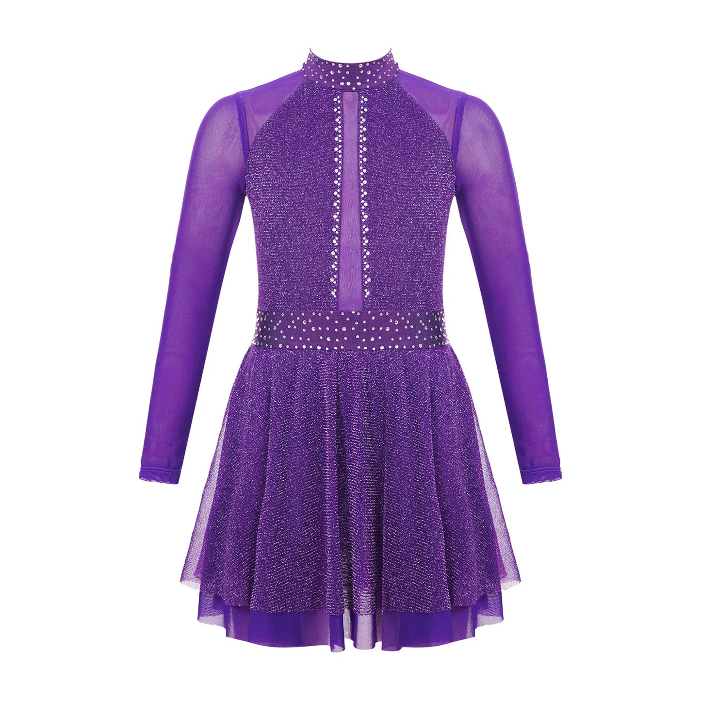 Kinder Mädchen Eiskunstlauf Kostüm Ballett lyrische Tanz gymnastik Trikot Kleid Langarm glänzend Mesh Performance Dance wear