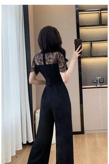 LYX High-Cold Lady Style Romper Women Summer Short Sleeve High Waist Lace Splicing Hollow out One-Piece Straight Leg Pants