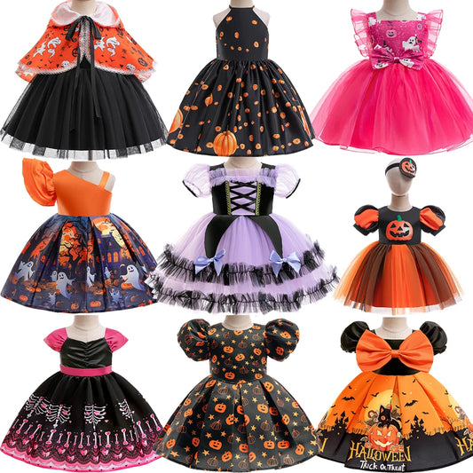 Kleinkind Halloween Kostüm Mädchen Cosplay Hexe Kürbis Skelett Druck Bowknot Kleid Kinder Festival Party Performance Kleidung.