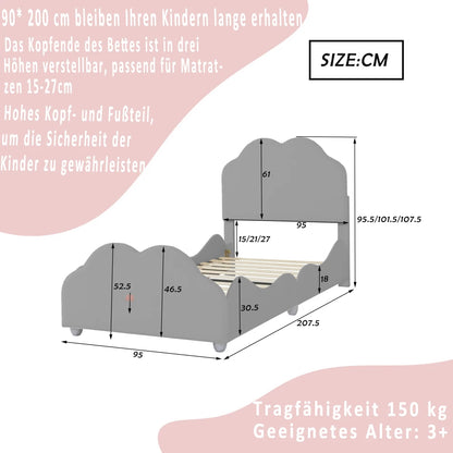 Kinderbett 90 x 200 cm hohes Geländer, Kinderbettgestell mit wolkenförmigem Kopf und Fußteil, Bett aus hautfreundlichem Samt