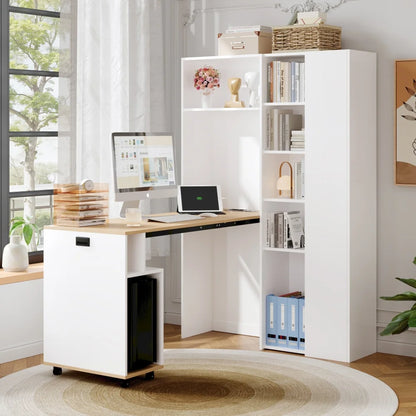 Klappbarer Schreibtisch mit 2-in-1-Bücherregal und klappbarem Schreibtisch mit Steckdose und USB-Anschluss, höhenverstellbare Regale, kippsicherer Schutz