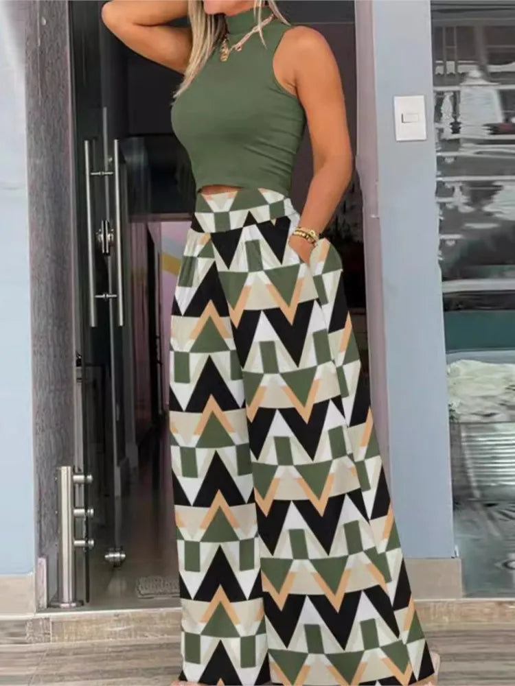 Summer Print Two Piece Set Women Fashion Casual Solid Sleeveless Tank Top Wide Leg Pants Two Piece Set Female Elegant Suit.