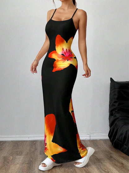 Frauen Floral Bedruckte Spaghetti Strap Slash Neck Maxi Kleid Sommer Backless Sexy Bodycon Strand Urlaub Urlaub Party Lange Dresse.