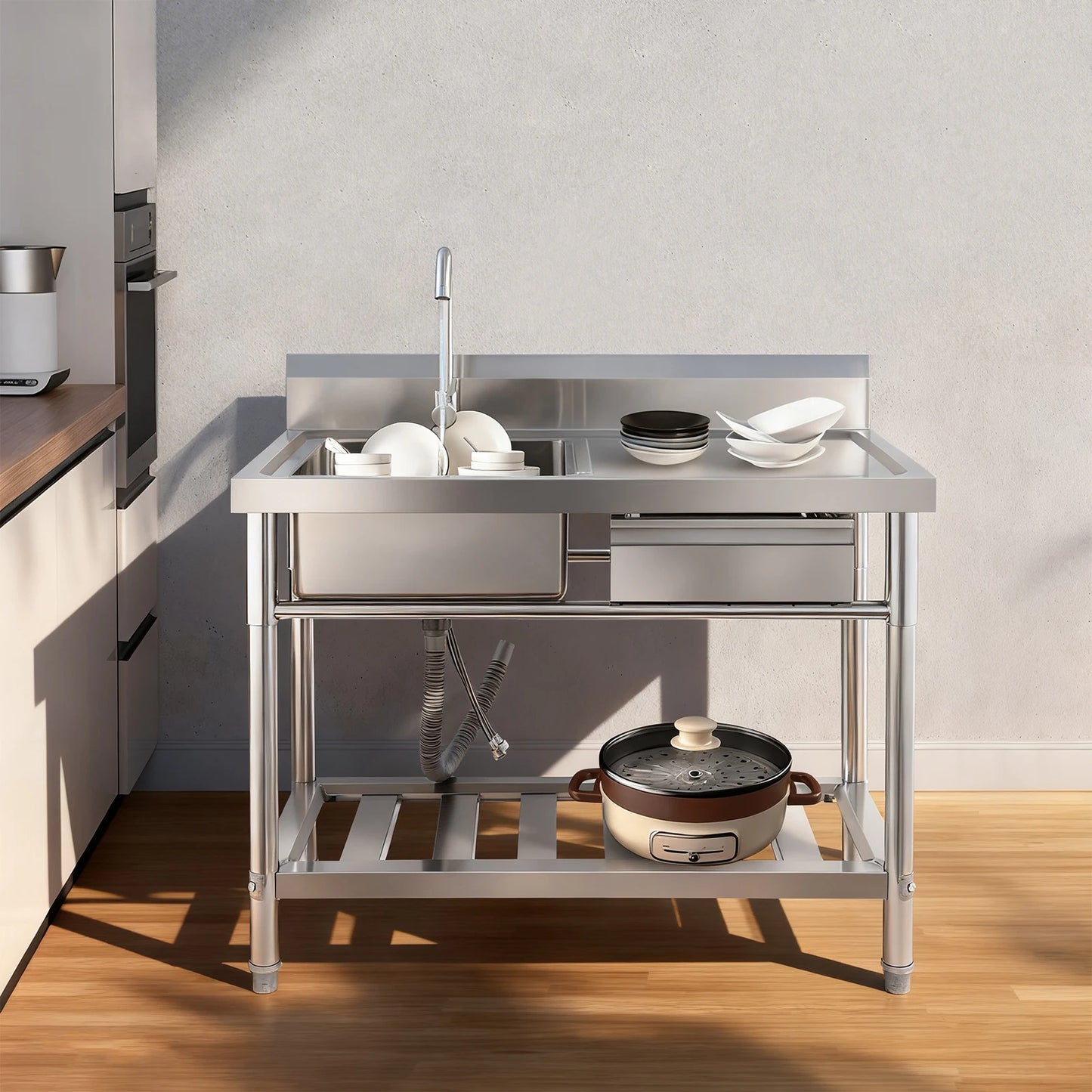 Verdicktes Edelstahl-Spülbecken mit Wasserhahn und Schublade, 150 kg Tragkraft 100 x 60 x 80 cm, für Küche, Restaurant, Wäsche, Garage