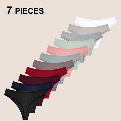 New 7Pcs/Set Seamless Cotton Fabric Thongs For Women Sexy Solid Color Stripe Underwear Female Comfortable Breathable Underpants.