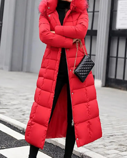 Neue Wintermode Langarm Pelzkragen Reißverschluss Einfarbig Slim Fit Lange Version Dicke Daunenjacke Mit Kapuze Für Frauen, 6 Farben.