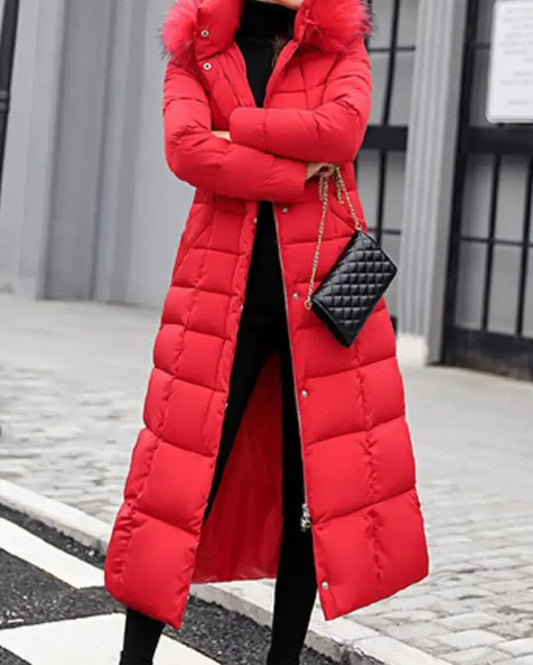 Neue Wintermode Langarm Pelzkragen Reißverschluss Einfarbig Slim Fit Lange Version Dicke Daunenjacke Mit Kapuze Für Frauen, 6 Farben.