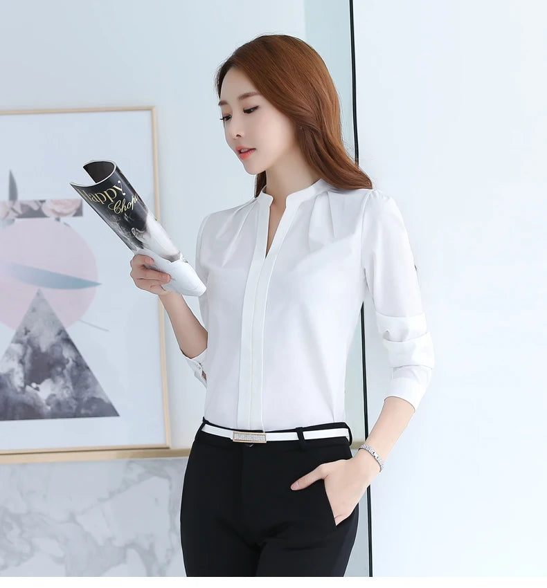 Chiffon Blouse Women Korean Fashion Women Clothing White Shirt  Long Sleeve Blouses V-neck Womens Tops Basic Shirts and Blouses