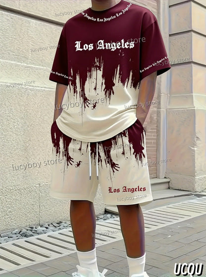 Summer Los Angeles Letter 3D Graffiti Pattern Men's Suit 2 Pieces Set Casual Suit Sports Set Men's Tracksuit Oversized Clothes.