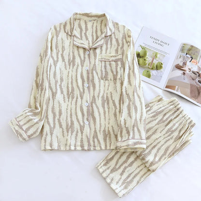 2025 Spring and Autumn Women's Pajama Set 100% Cotton Crepe Long sleeved Pants Two piece Cute and Sweet Home Fury Set Ladies