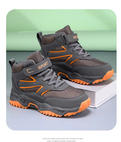 New Boys' Sports Shoes Non-slip School Children's Leather Breathable Running Black Fashion Hiking Shoes Sneaker Size 29-40.