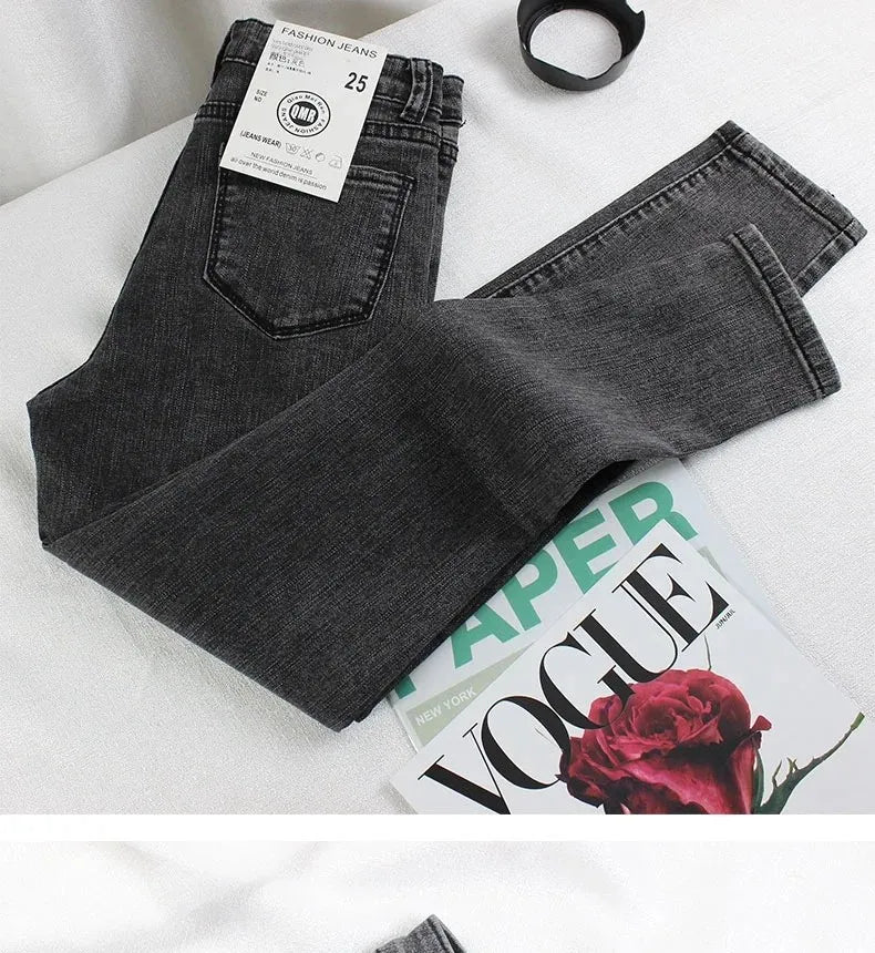 Black Grey Jeans Women's Spring Autumn Winter High-Waisted Petite Stretchy Tight Small Footed Pants Slimming Pencil Leggings.
