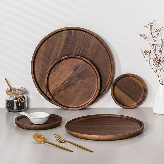 Solid Wood Circular Tray Japanese Style Western Household Tea Dessert Coffee Plate Cross-Border Design.