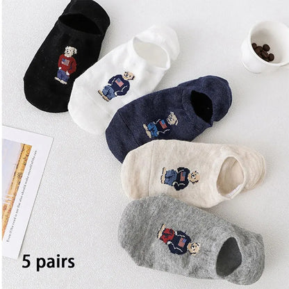 5 Pairs of Super Cute Bear Embroidered Cartoon Bear Boat Socks, Soft and Comfortable, Sweat Wicking and Versatile Short Socks