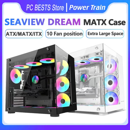 Power Train Seaview Dream MATX ITX Computer Case Panoramic Tempered Glass Side Transparency Without Pillars ATX Desktop Chassis.