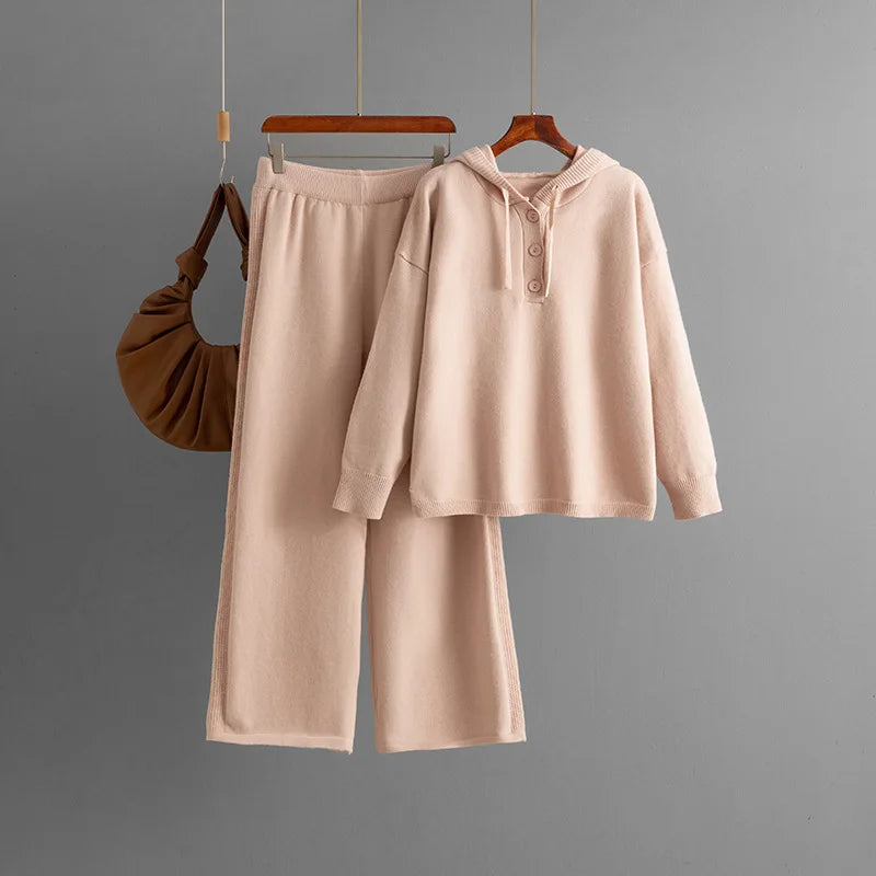 Autumn Winter 2025 New Fashion Women's Solid Color Casual Trendy Loose Knitted 2 Piece Sets Hooded Sweatshirts Wide Leg Trousers.