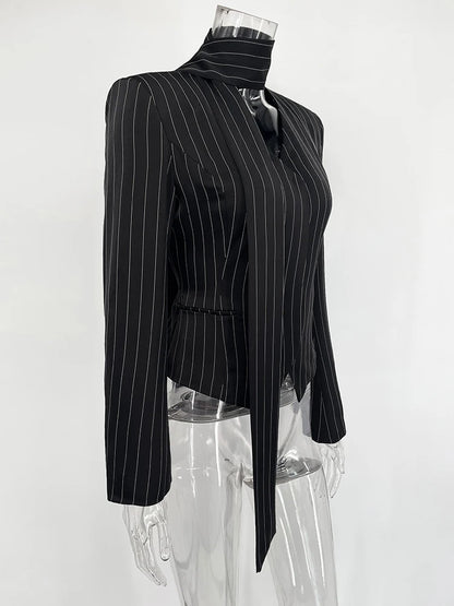 TARUXY Gestreiften Druck V-ausschnitt Band Anzug Mantel Für Frauen Langarm Tasten Büro Dame Top Elegante Weibliche Neue Blazer Outwear.