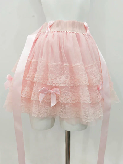 Multilayered Lace Skirts for Sweet Girls Summer Ribbons Bows Decoration Elastic Waist Lolita Style White Skirt Kawaii Clothes.