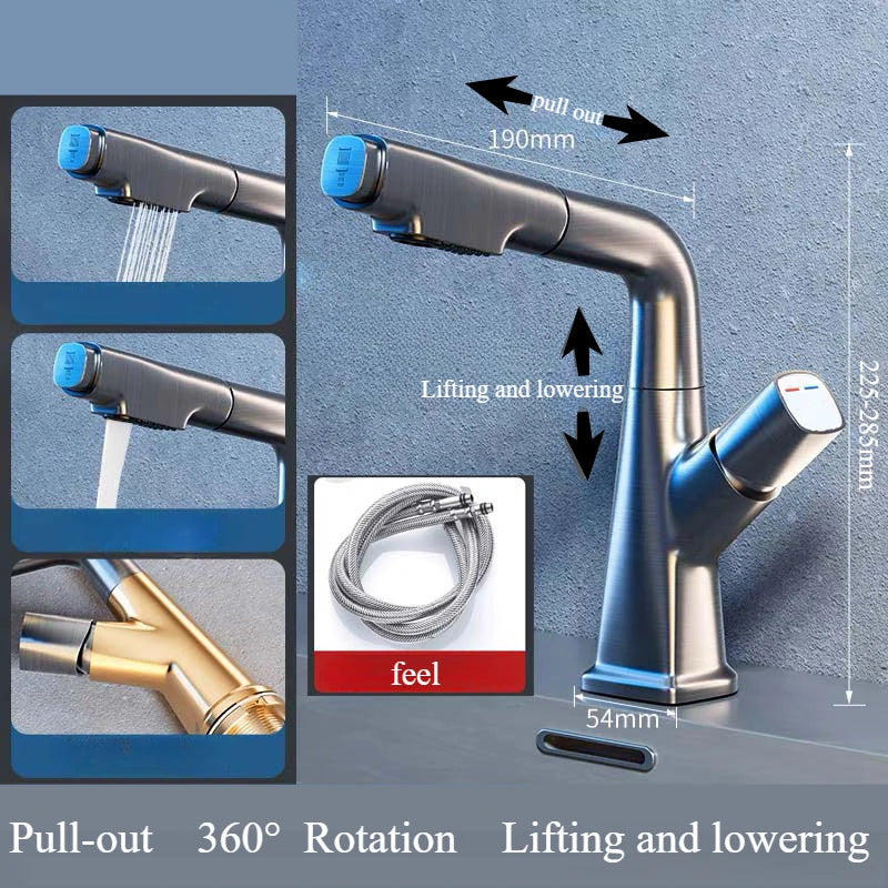 Hot and cold faucet bathroom sink vanity with pull-out function that can be raised and lowered 360º rotating mixing spray faucet